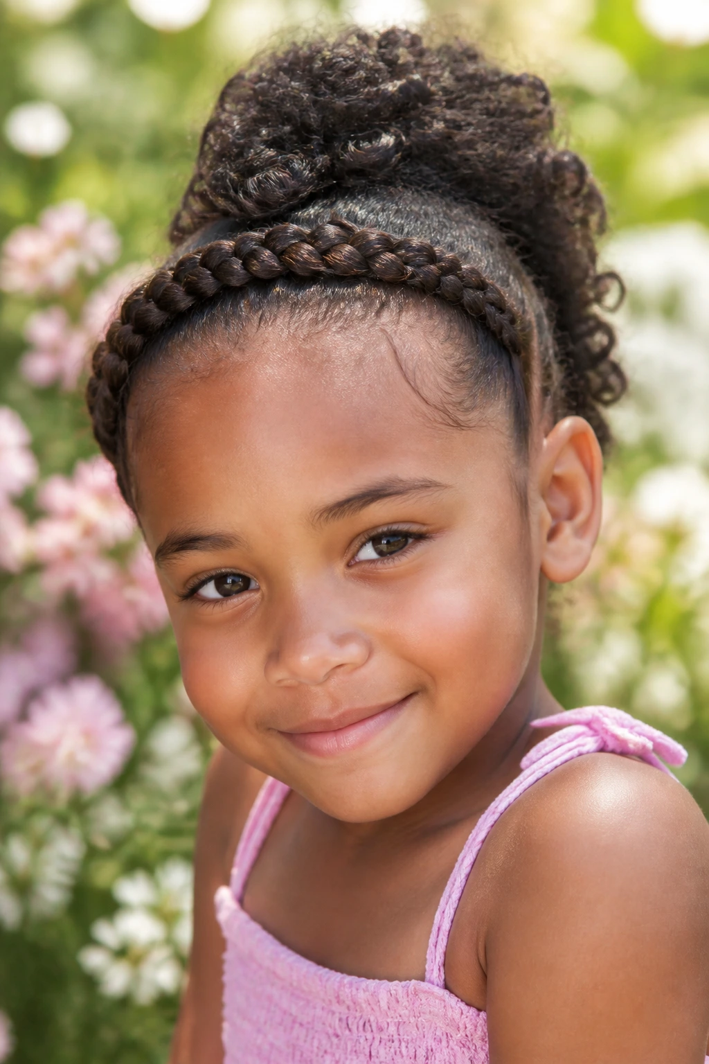 Close-up of a girl with a crown braid framing the face in a Crown-Braid Mohawk