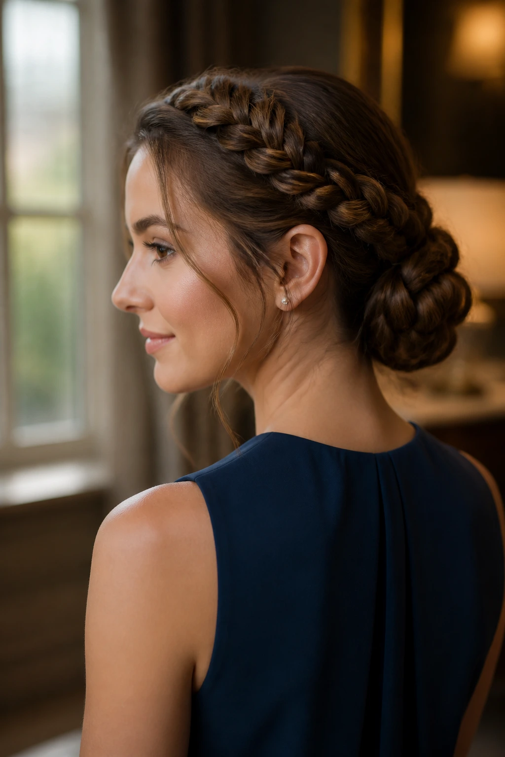 Portrait of a person with a crown braid transformed into a low bun
