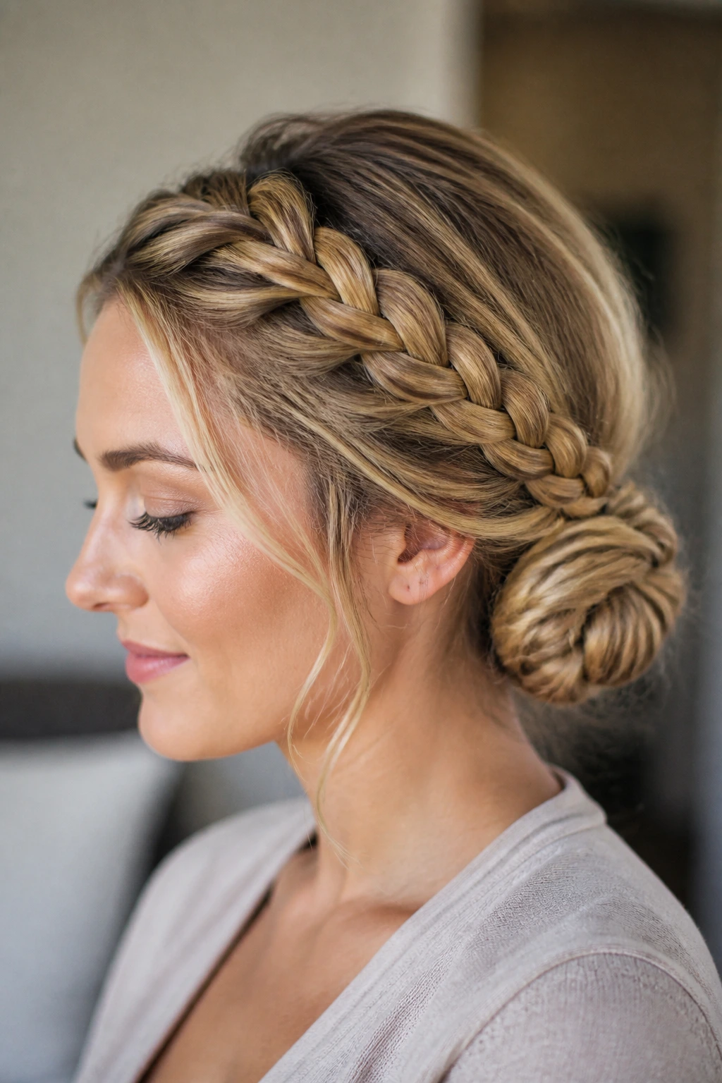 Real woman with crown braid tucked into a nape bun