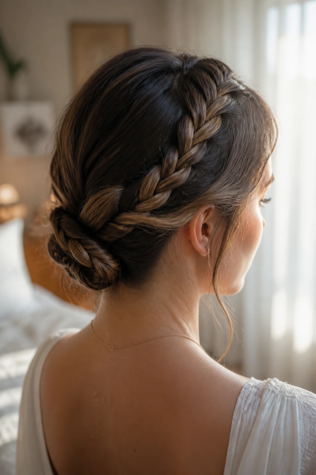 Close-up of a real woman with a crown braid leading to a nape knot