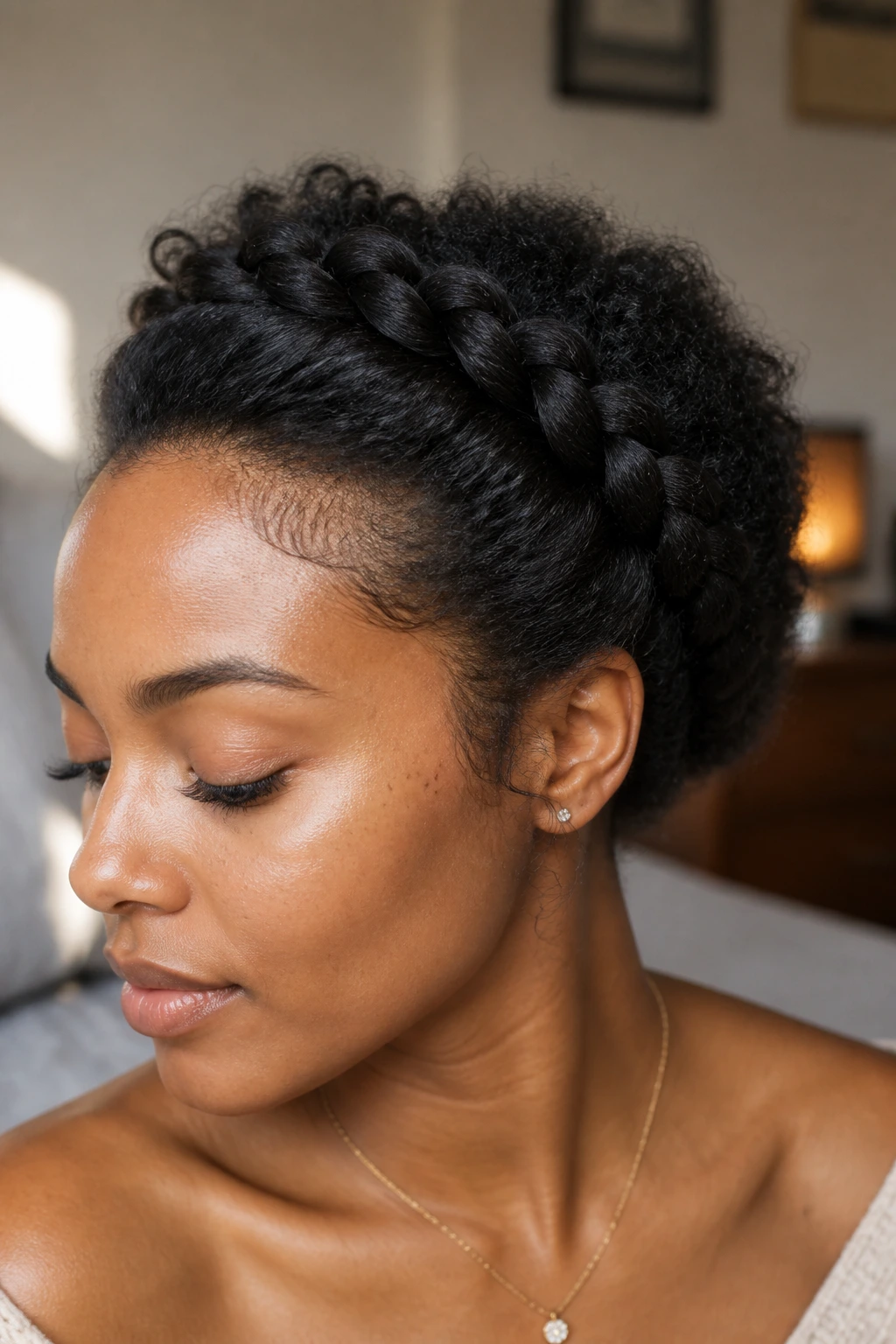 Portrait of a real person with a natural texture crown updo