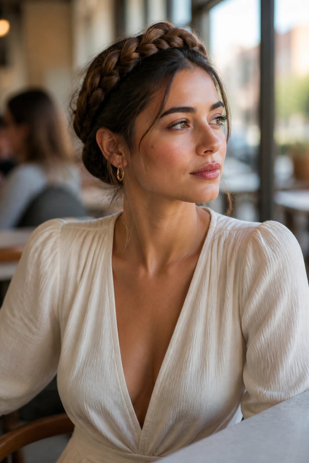 Real person with crown braid and outfit in an urban setting