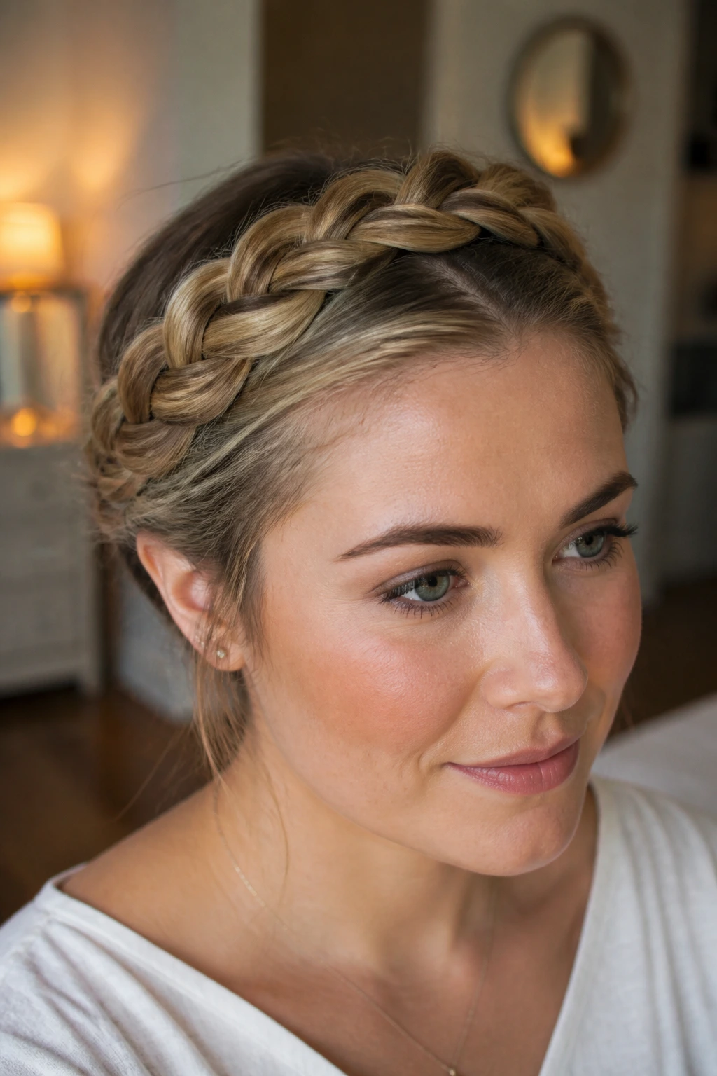 Close-up of a real woman with a pancaked crown braid around the hairline