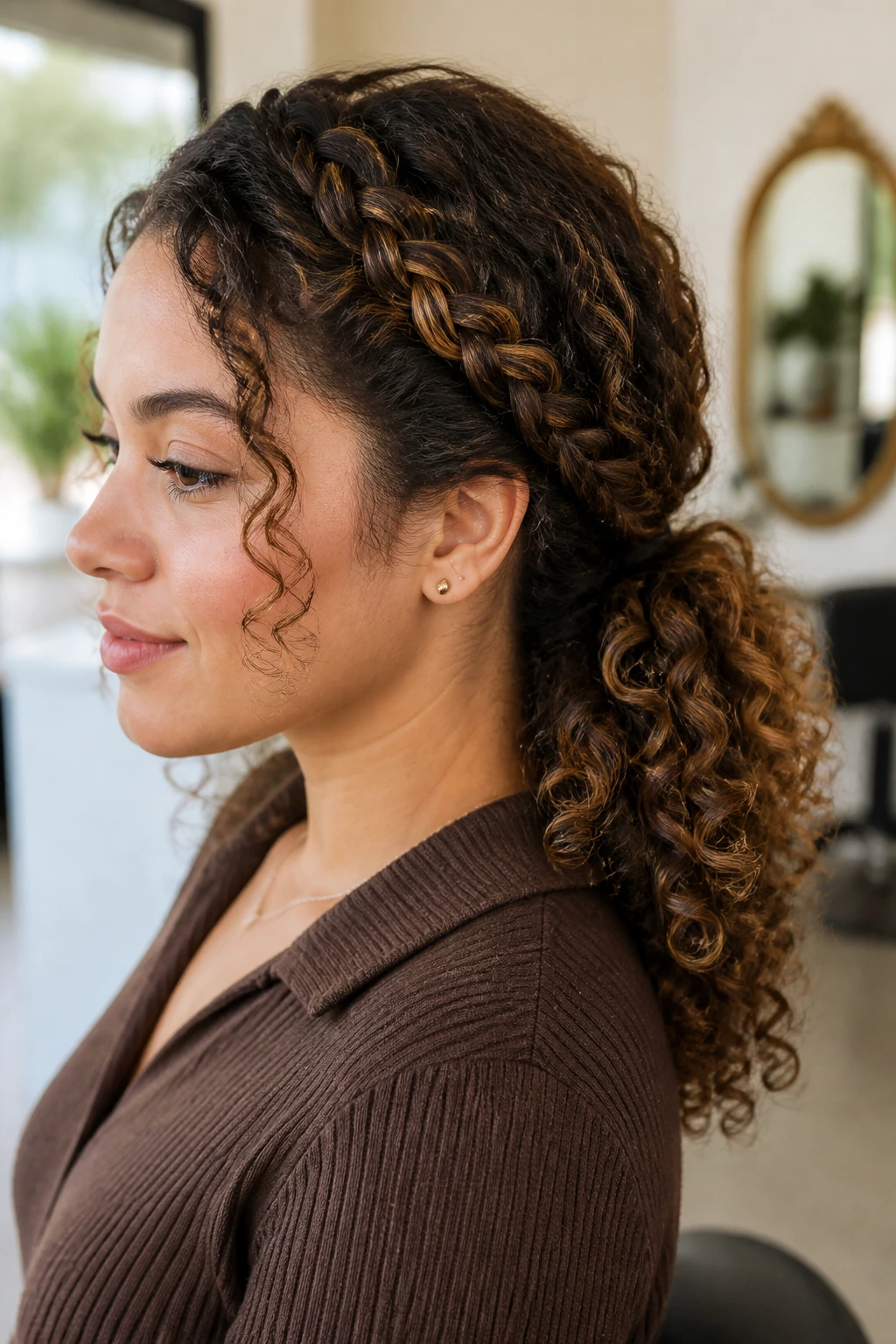 Crown braid feeding into ponytail on real person, close-up