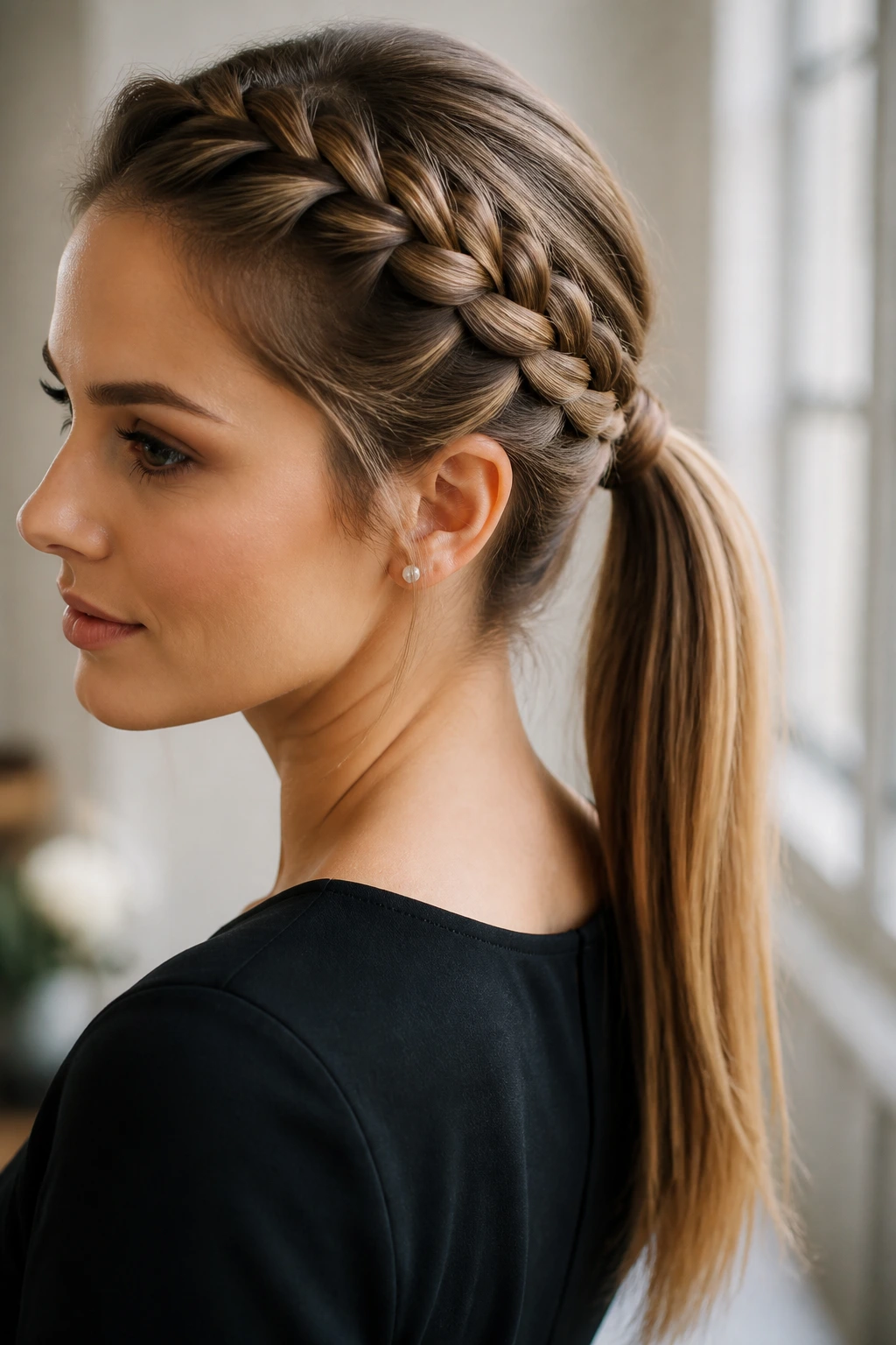 Close-up of a real woman with a crown-braid ponytail along the crown feeding into a ponytail