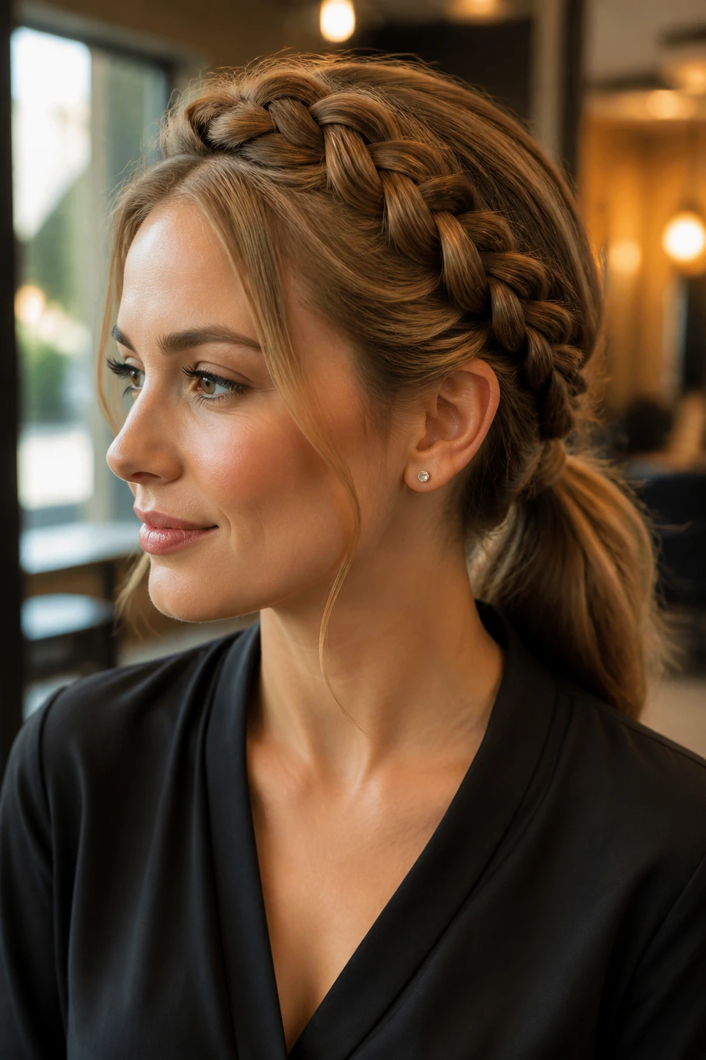 Close-up of a woman with a crown braid feeding into a low ponytail in warm salon light