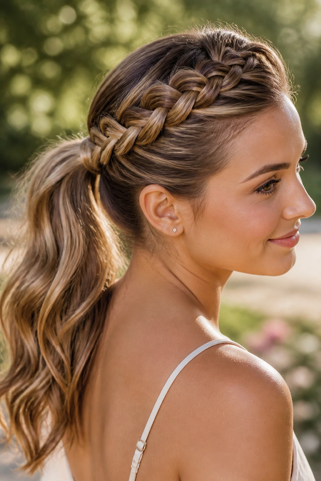 Portrait of a woman with a crown-braid ponytail along hairline.