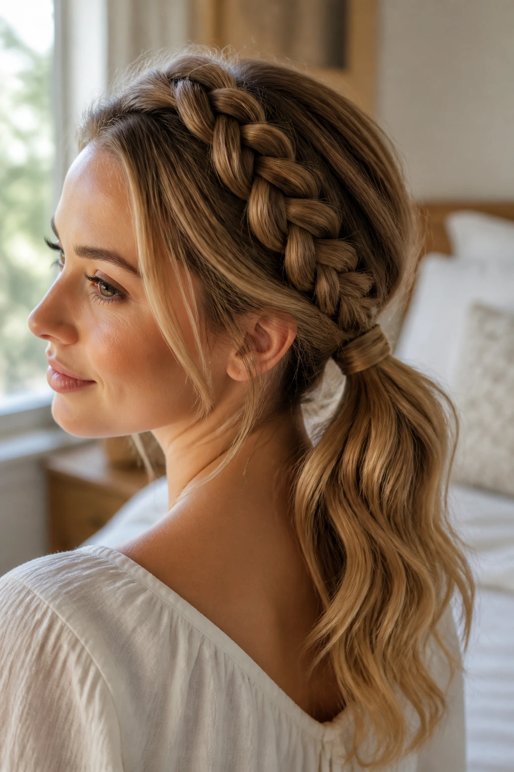 Close-up portrait of a real woman with a crown braid leading to a ponytail