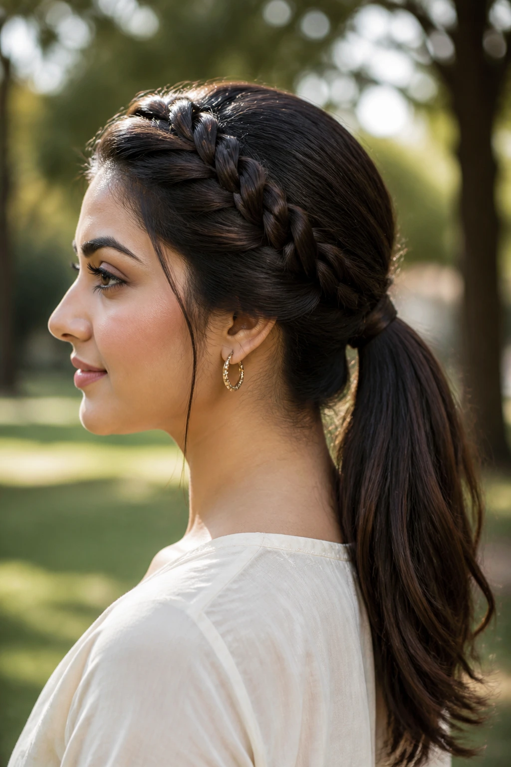 Portrait of a woman with a sleek crown braid and low ponytail in natural light