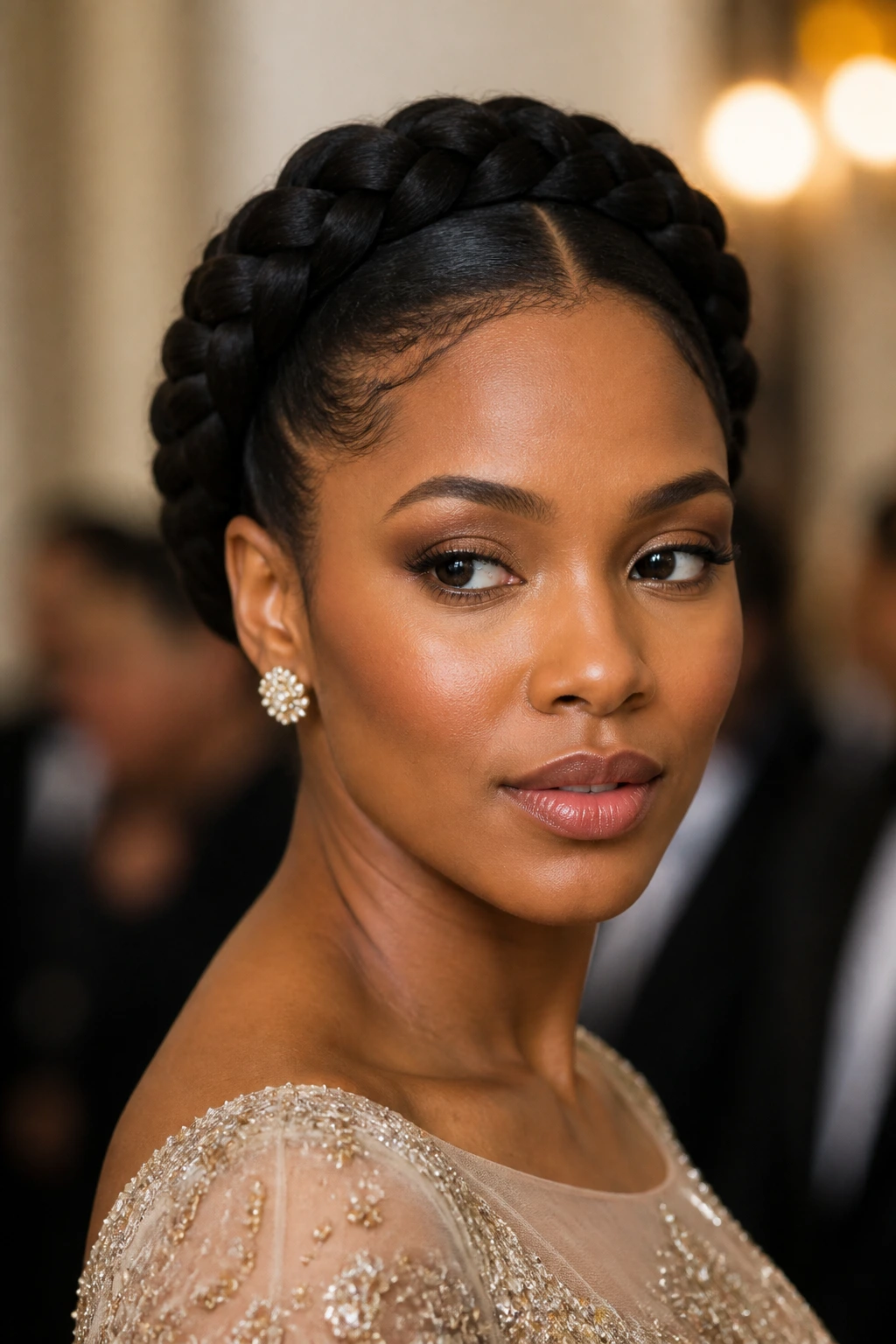 Woman wearing a crown braid around the head