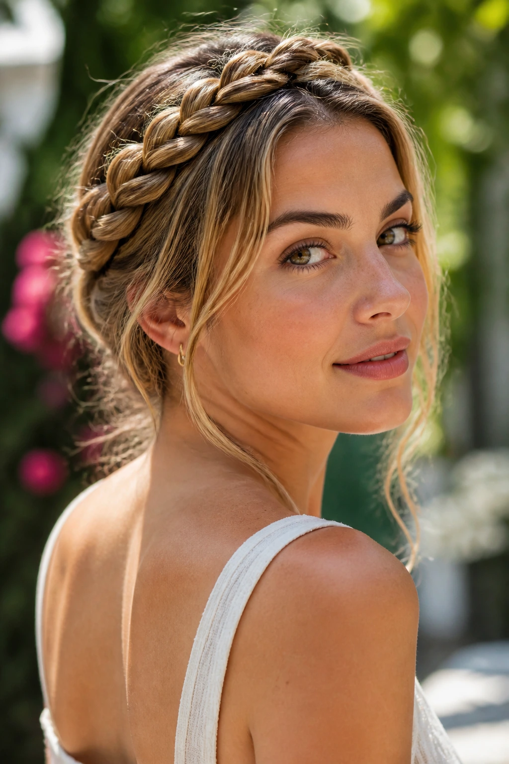 Close-up of a real woman wearing a crown braid in a sunlit garden