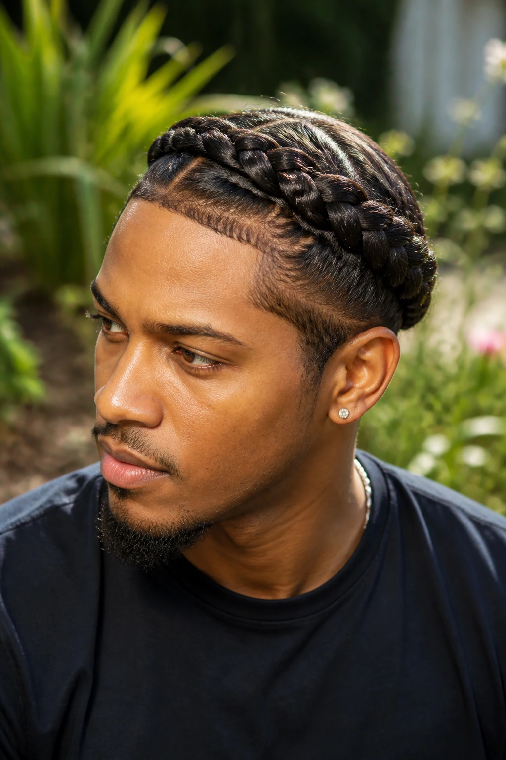Close-up of a man with a crown braid encircling his head in a garden setting.