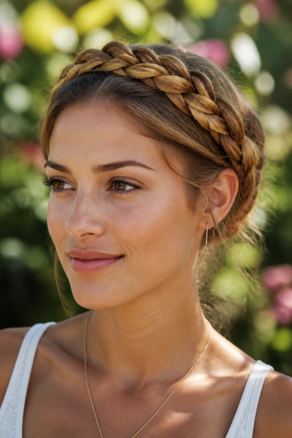 Close-up portrait of a real woman with a crown braid in warm summer light