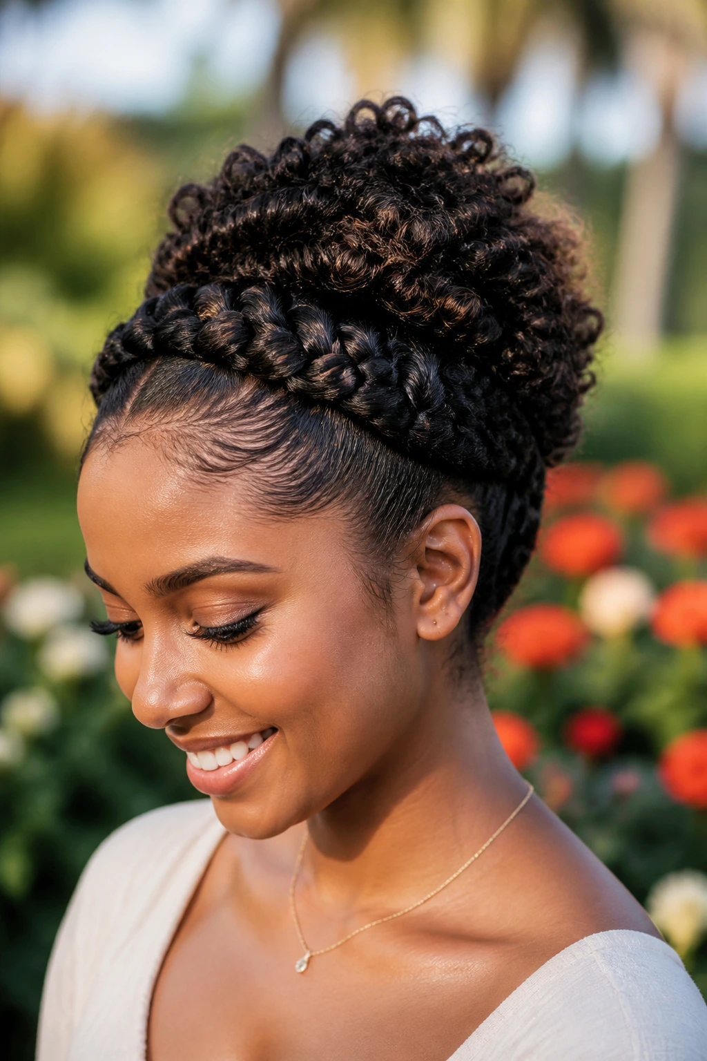 Close-up portrait of a real person with crown braid into a puff hairstyle.