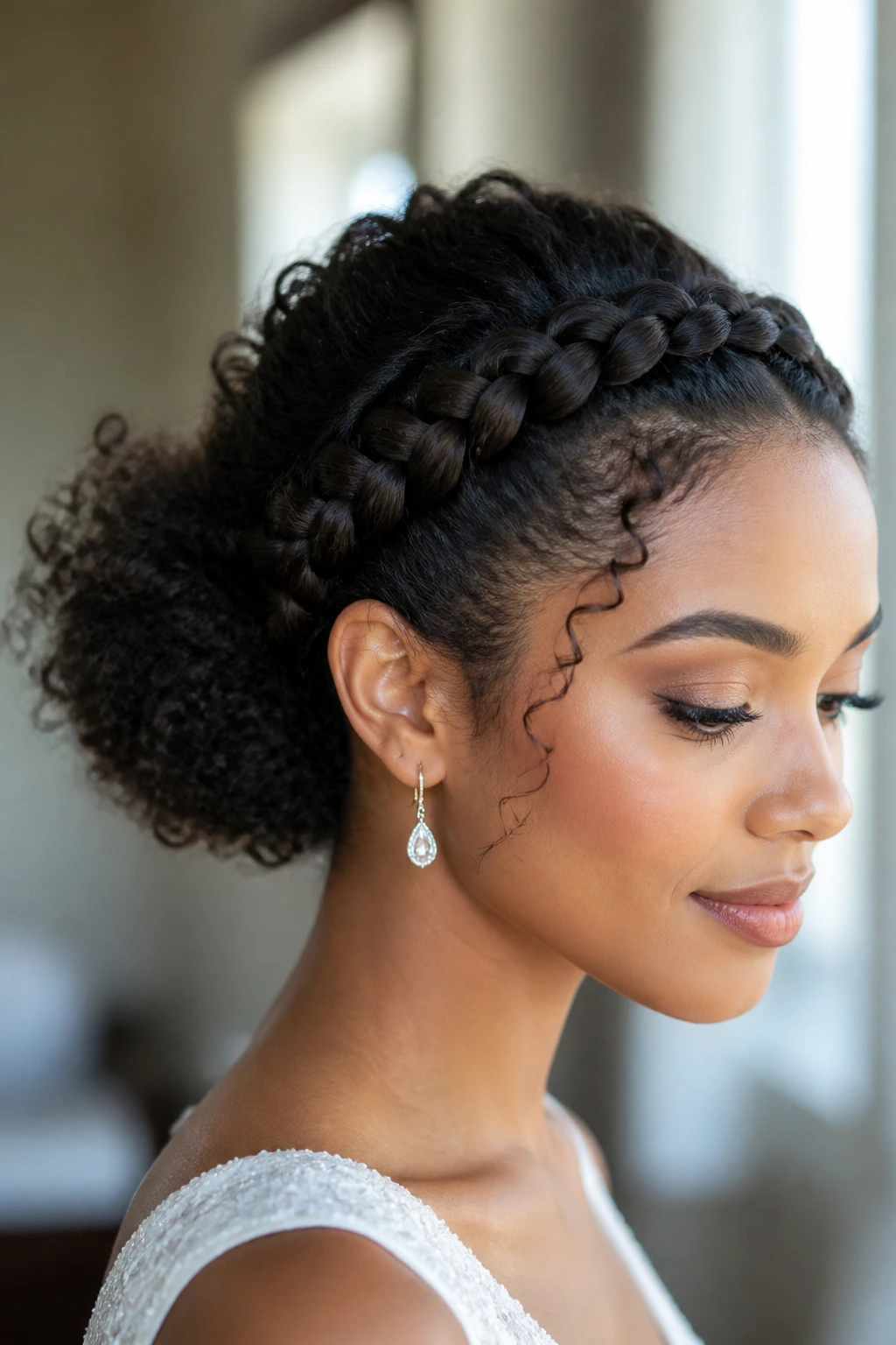 Close-up portrait of a real woman with a crown braid and back puff