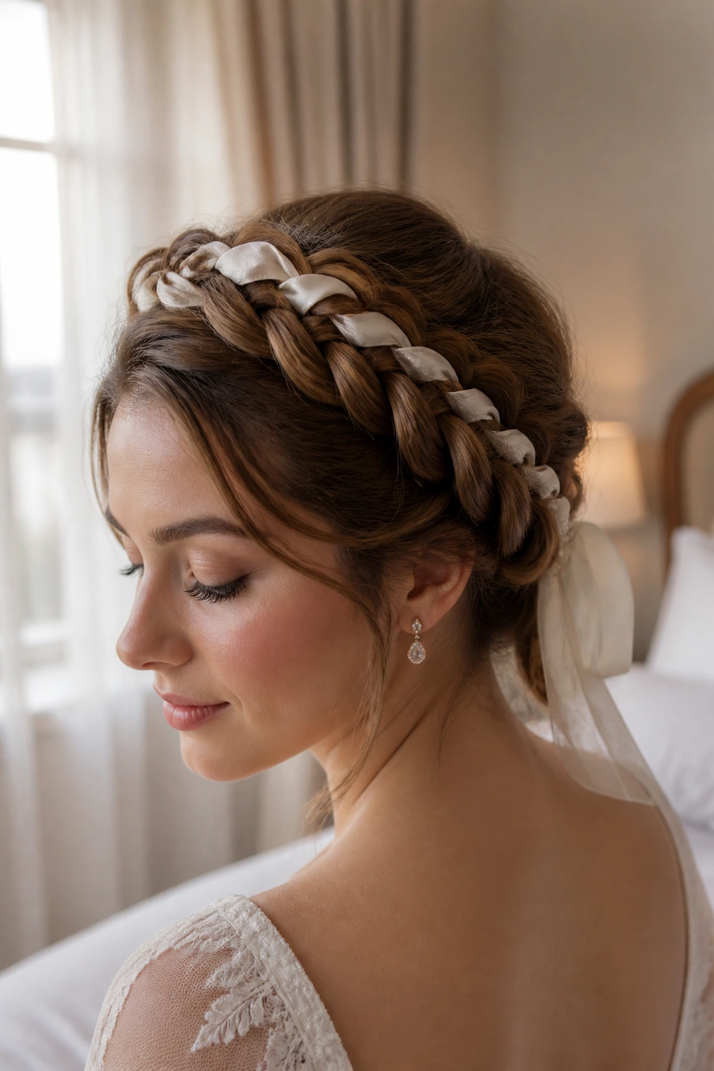 Bride with crown braid and ribbon finish.