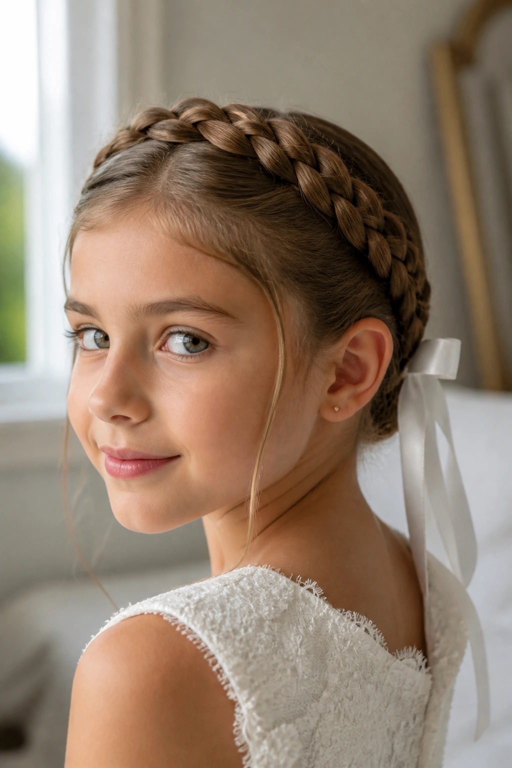 Girl with soft crown braid and ribbon bow portrait