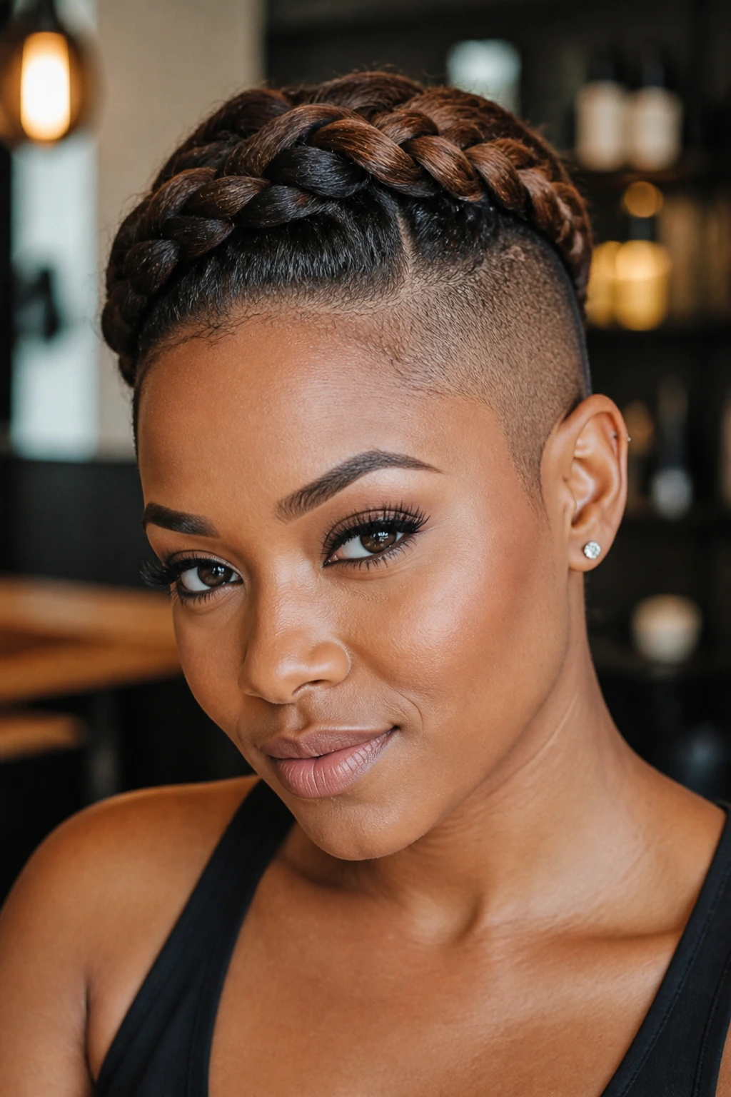 Portrait of a woman with crown braid and shaved side in a chic salon setting