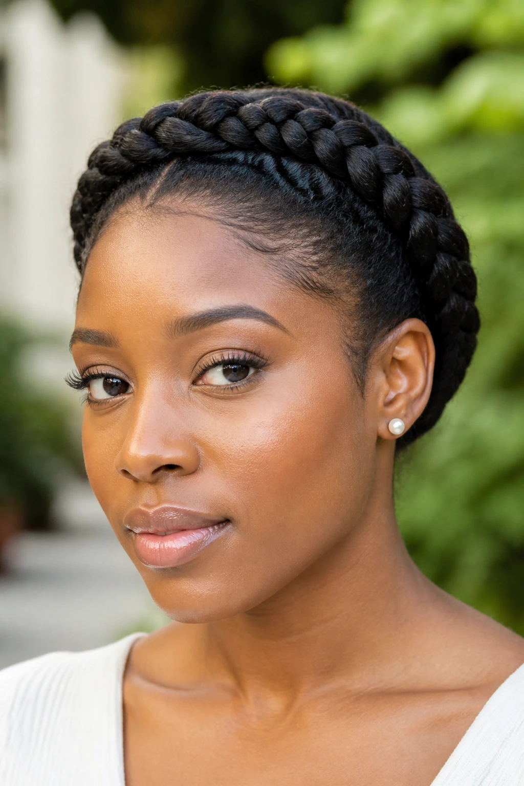 Real person wearing a crown braid with short ends tucked under