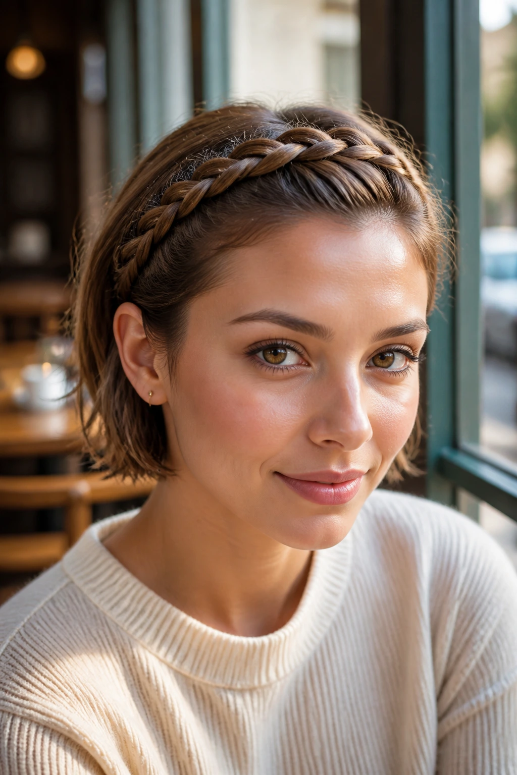 Front view of a short-haired woman with a crown braid along the hairline.