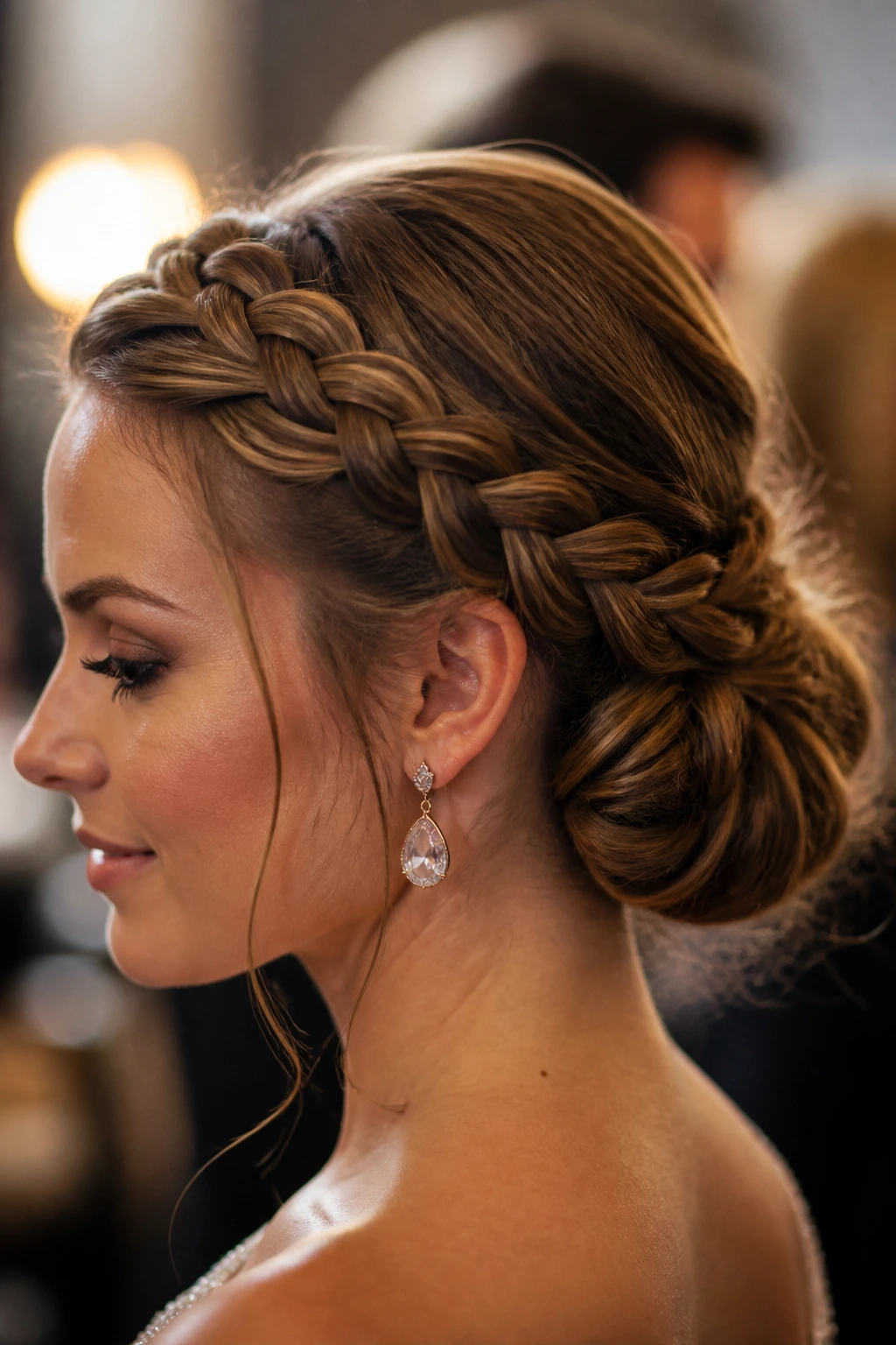 Portrait of a woman with crown braid flowing into a soft bun