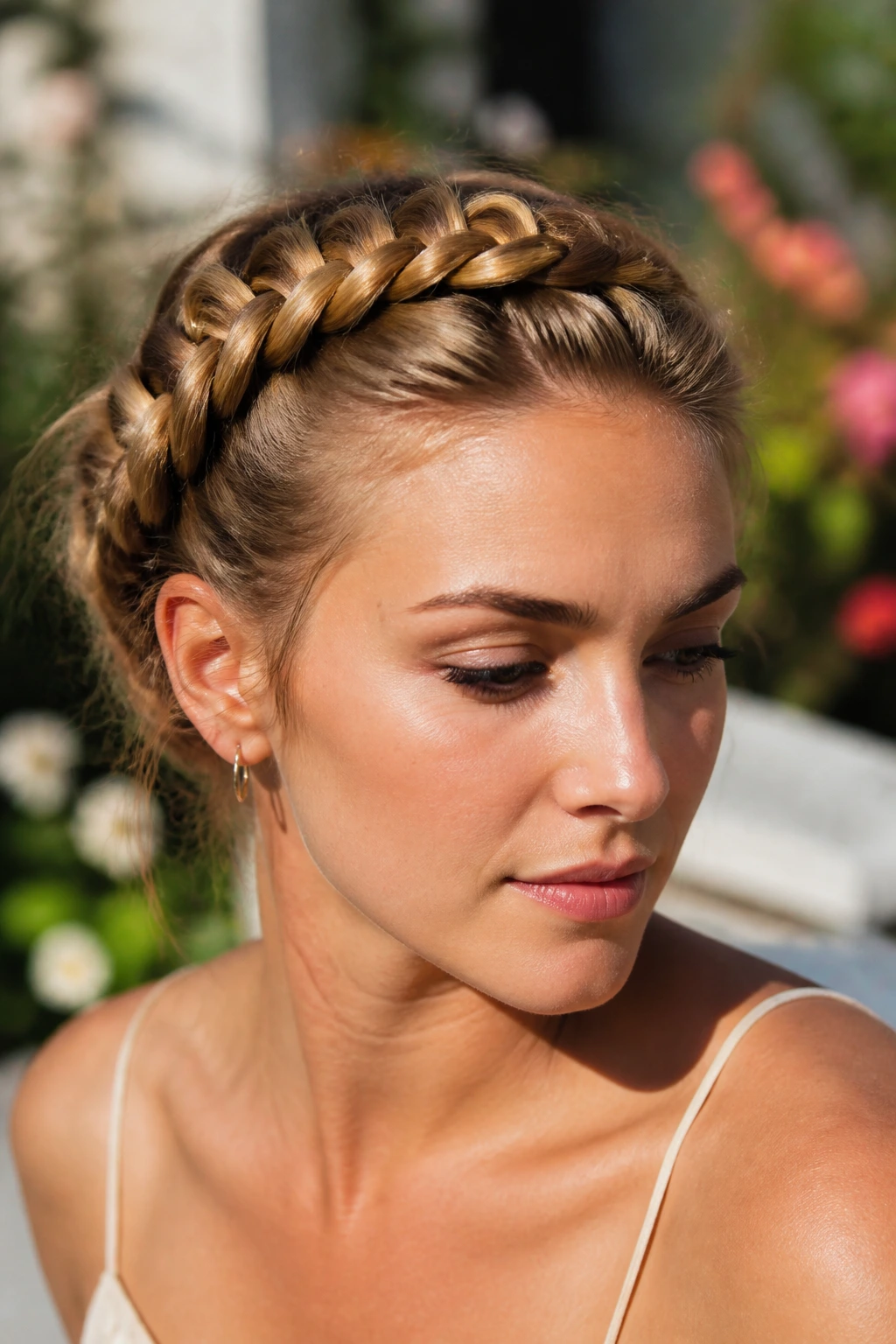 Real woman with a crown braid in sunny outdoor light.