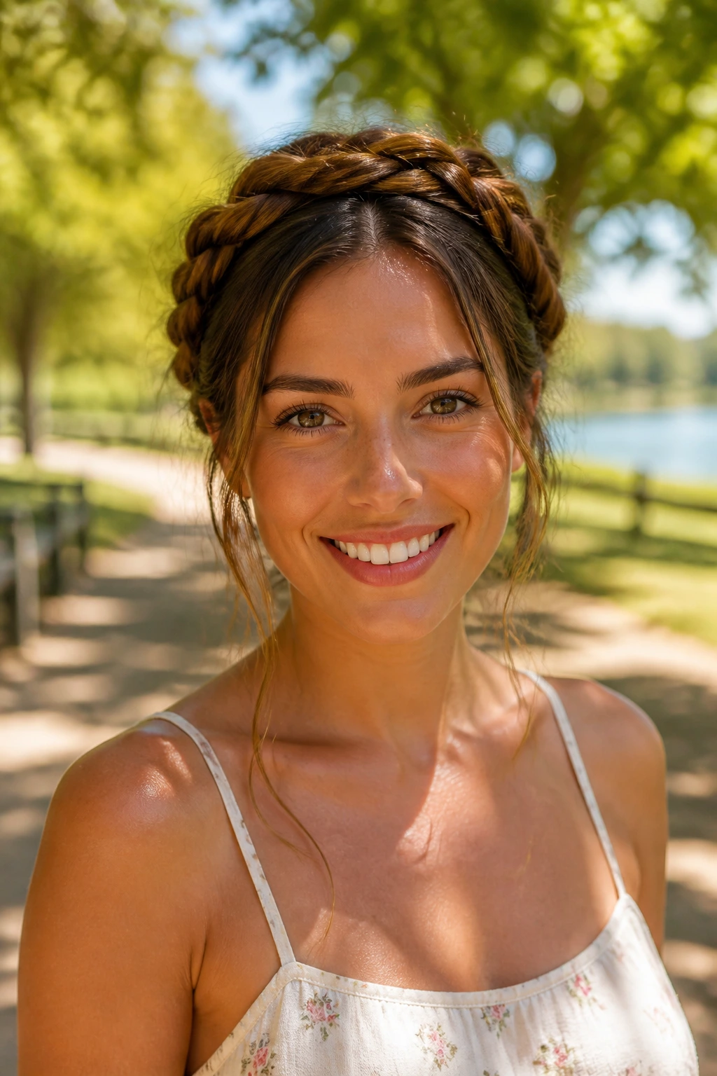 Portrait of a woman with a crown braid in a sunny outdoor park