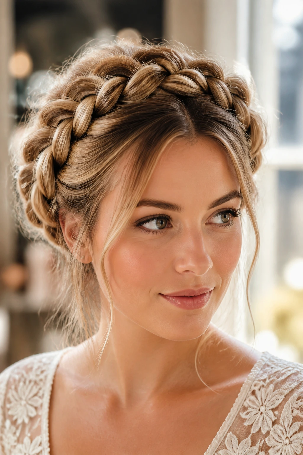 Close-up of a real person with a thick crown braid forming a halo around the head