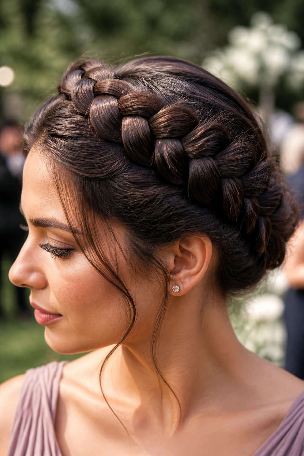 Close-up portrait of a real woman with a crown braid around her head on thick hair