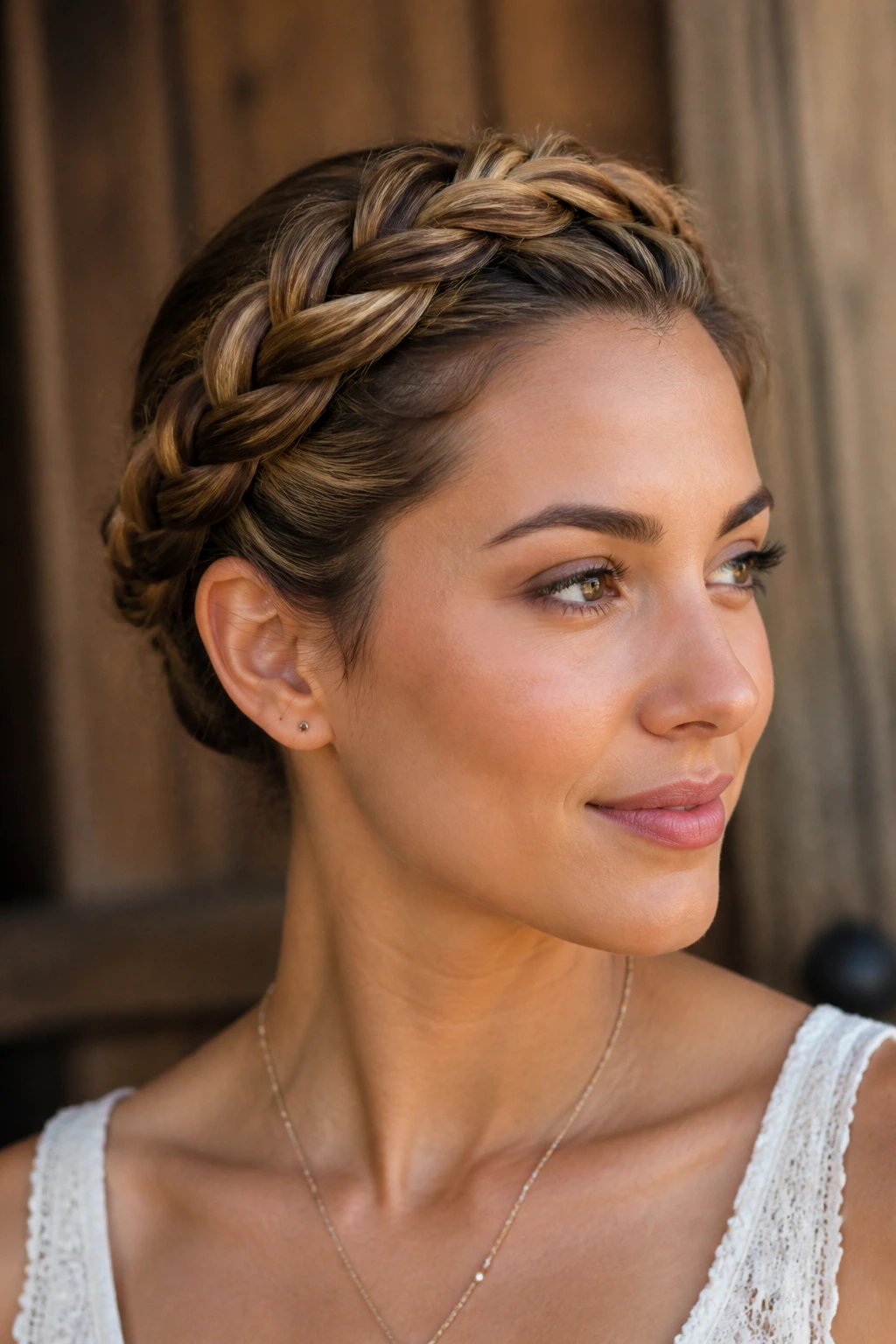 Close-up of a real woman with a crown braid and tucked ends around the head