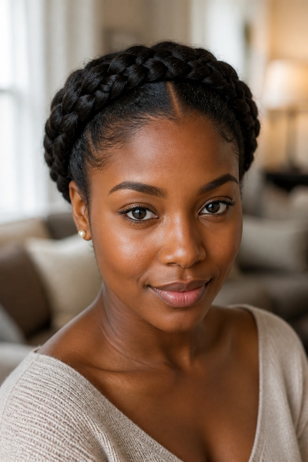 Close-up portrait of a real woman with a crown braid updo encircling her head
