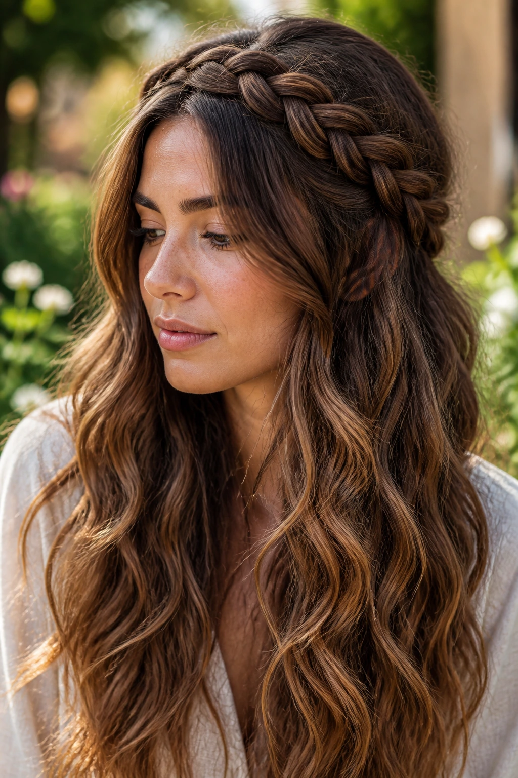 Real woman with a loose crown braid and flowing waves in natural daylight