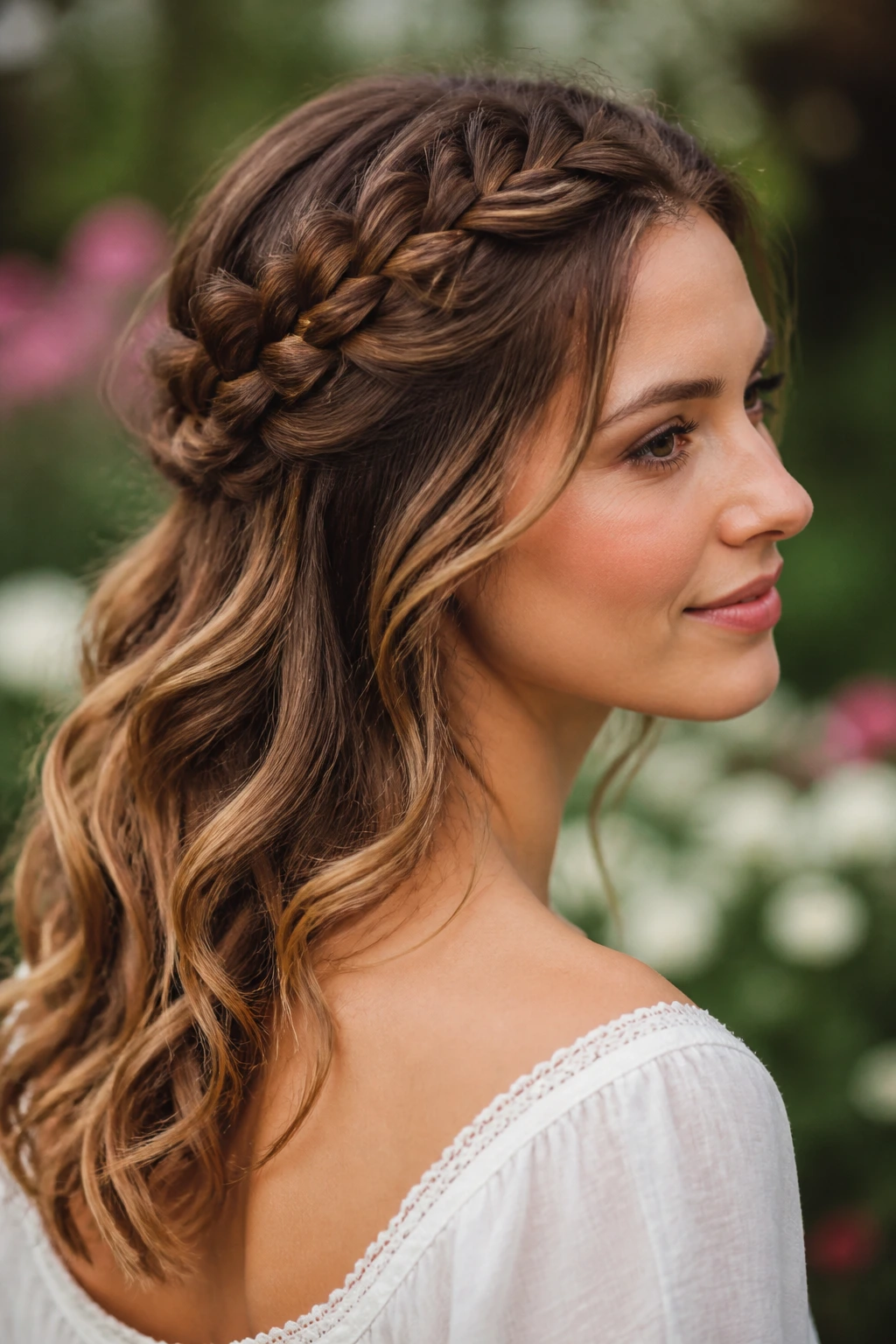 Portrait of a real woman wearing a crown braid with loose waves