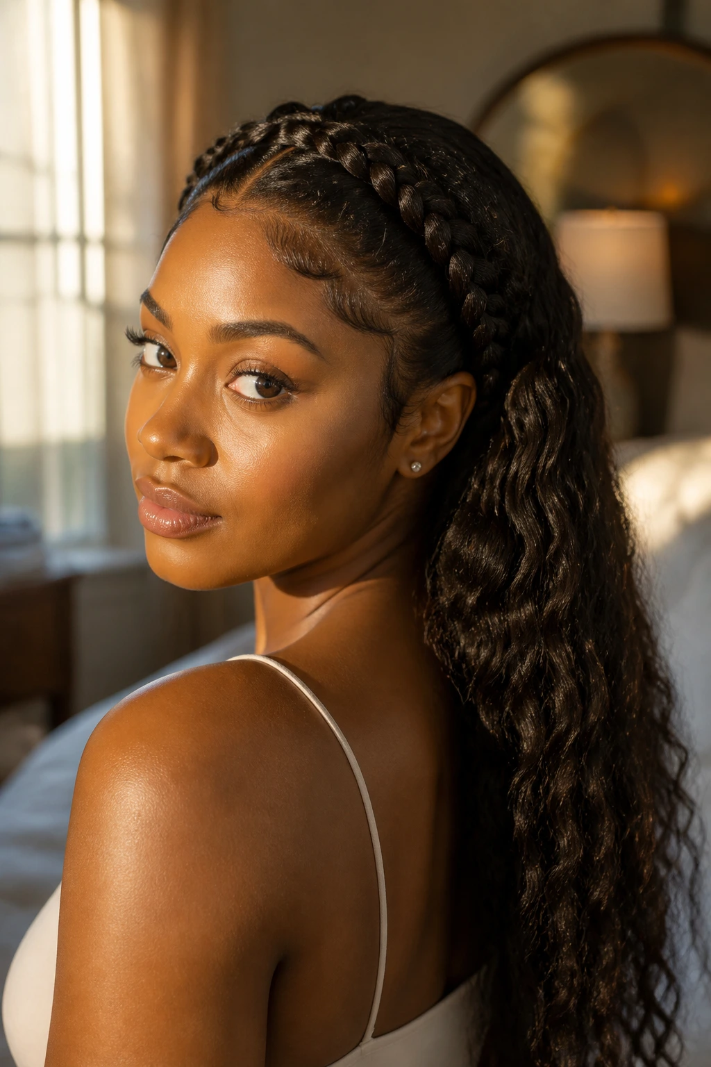 Close-up of a real woman with a crown braid and loose waves framing the face.