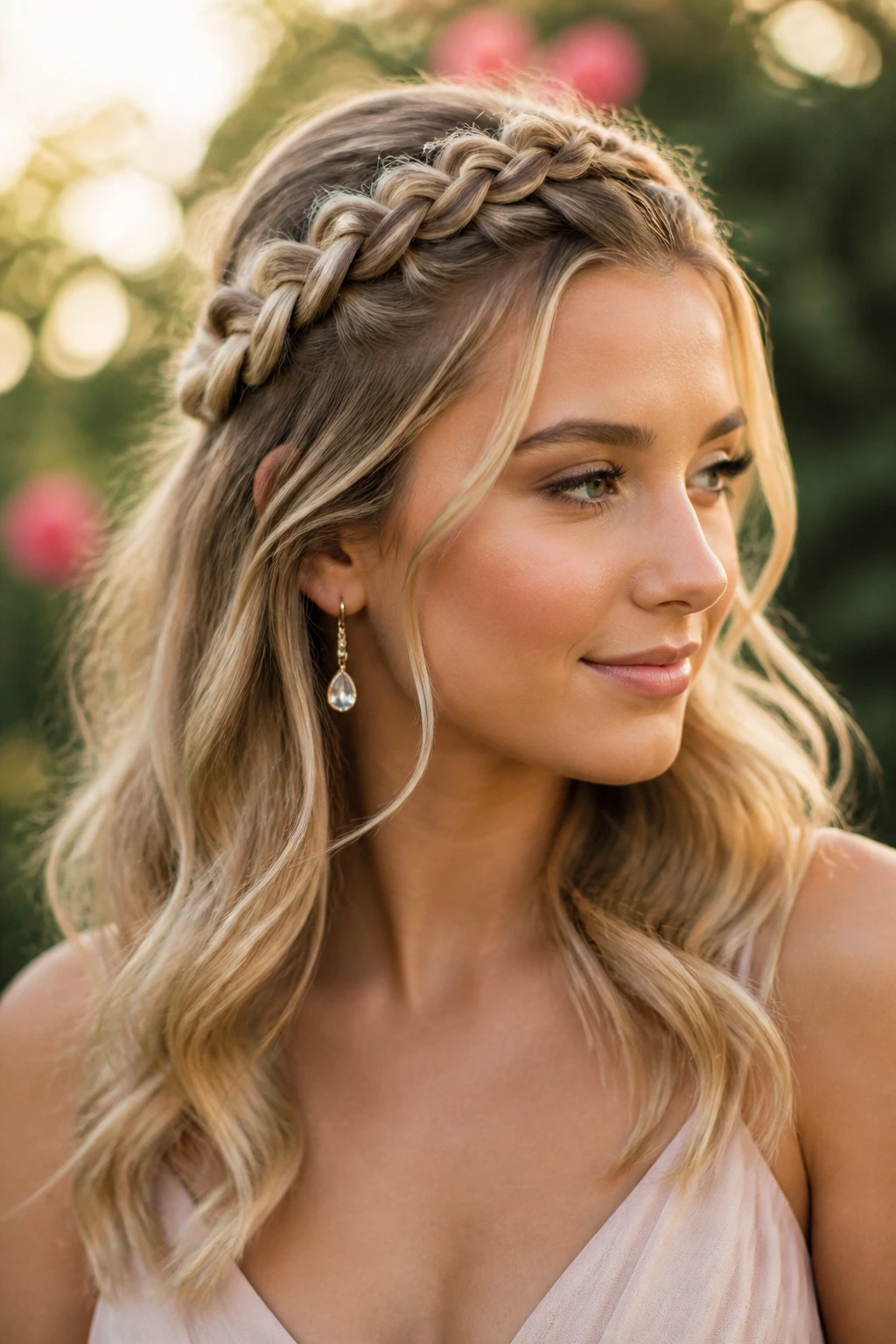 Close-up of a person with a crown braid into waves hairstyle outdoors.