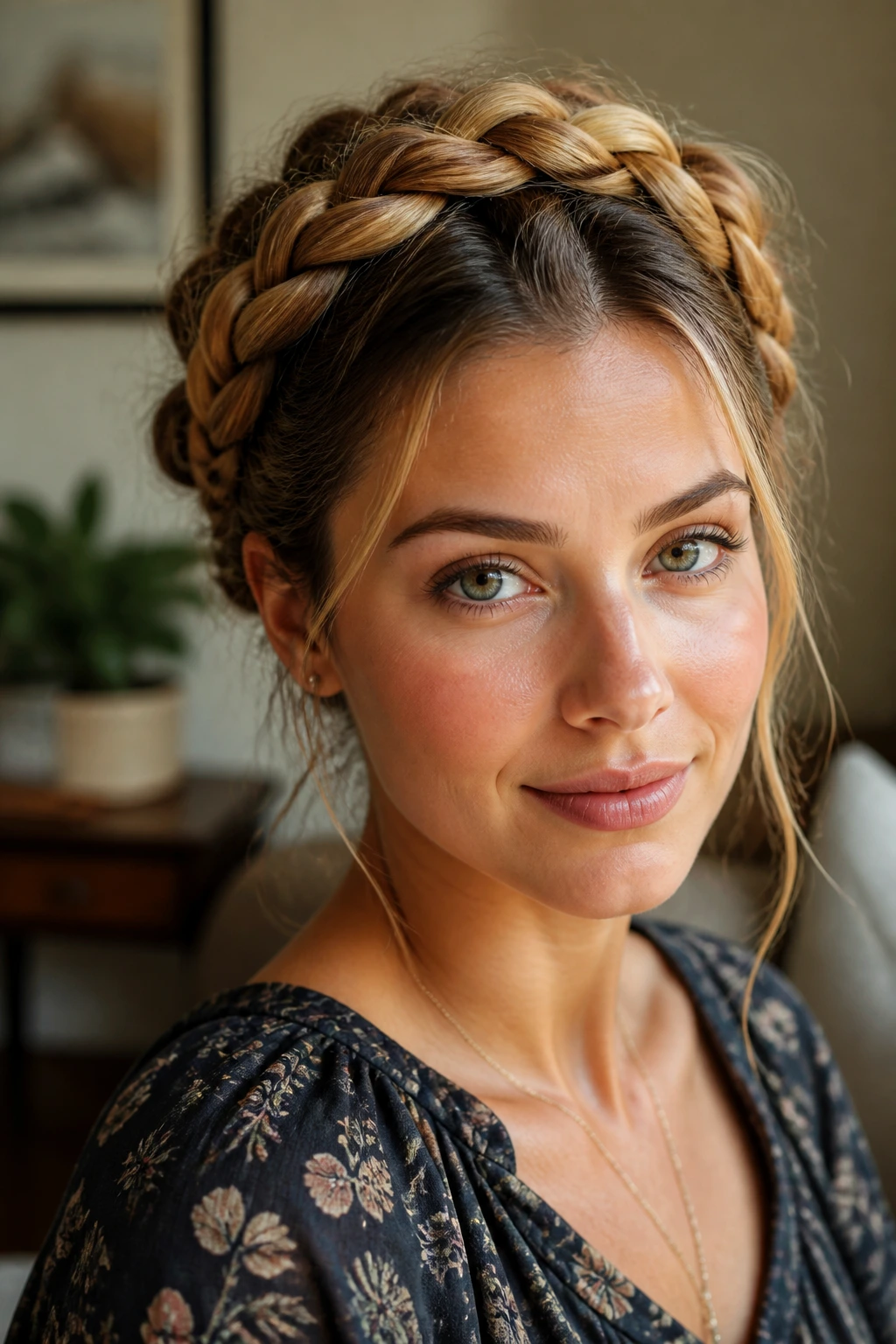 Close-up portrait of a real woman wearing a crown braid halo.