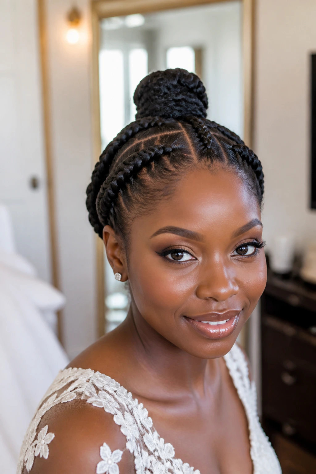 Bride with double crown braids feeding into a knot