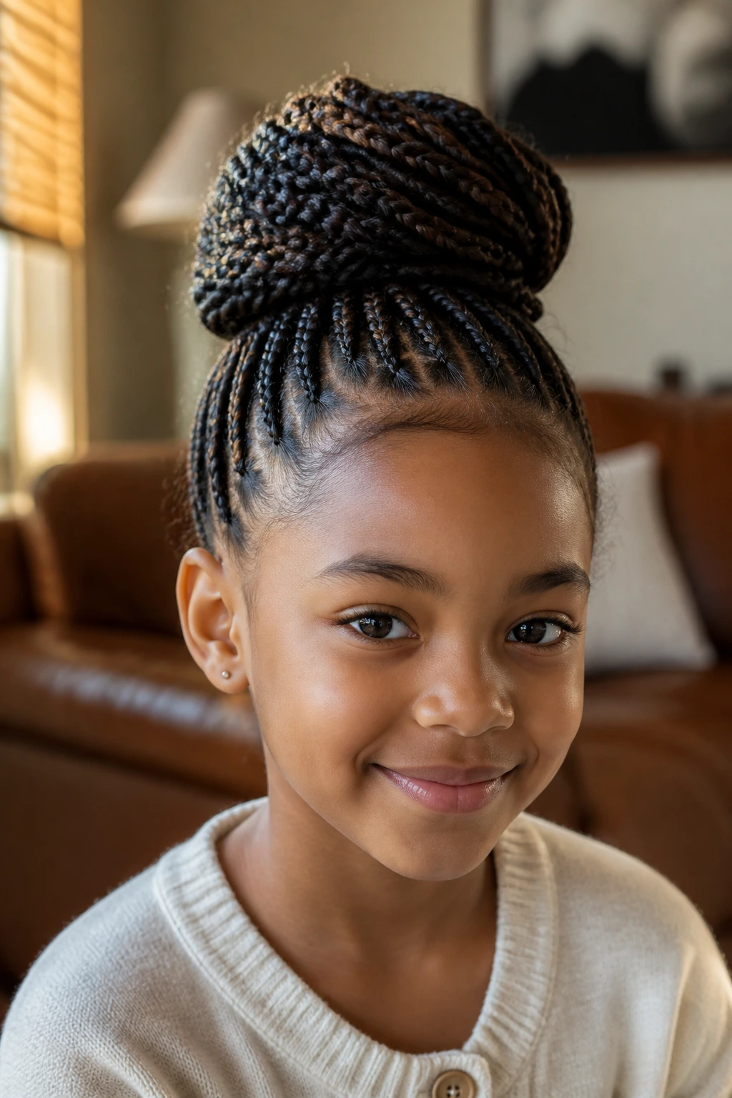 Close-up of a real child with crown bun box braids in a cozy living room