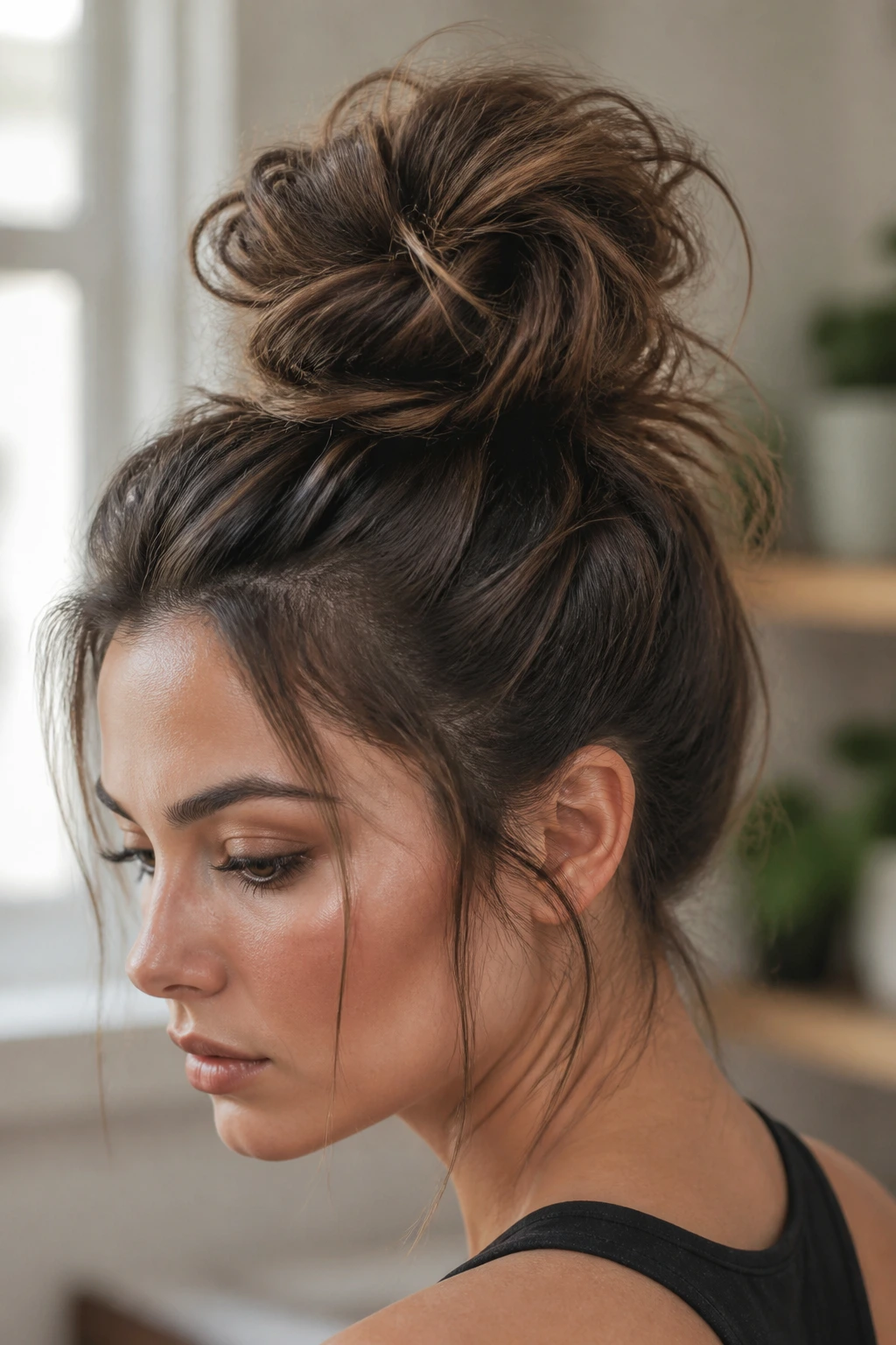 Portrait of a real person with a high textured crown bun and a bold silhouette.