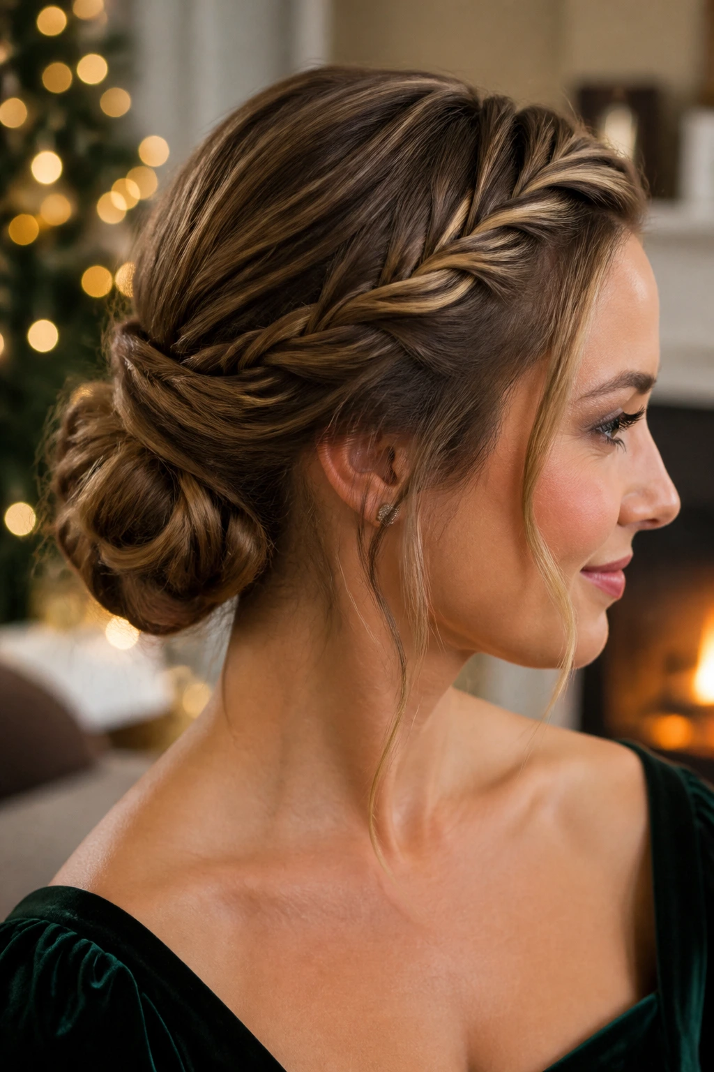 Close-up of a woman with twists forming a crown into a chignon.
