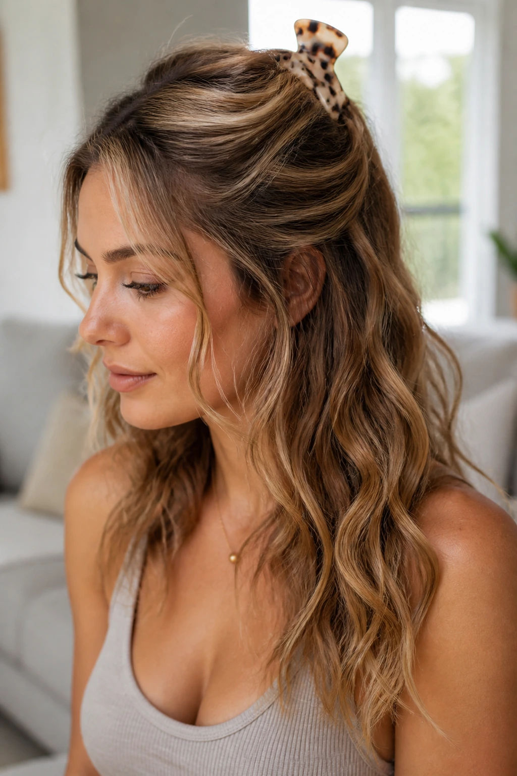 Close-up of a real woman showing crown clip waves with top hair pulled back.