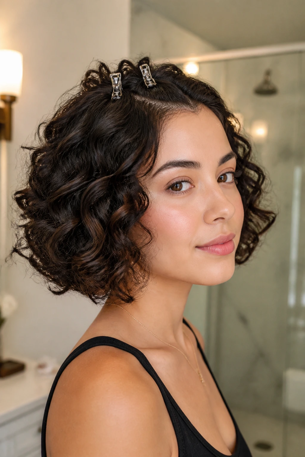 Close-up of crown area with clips lifting roots on a curly bob