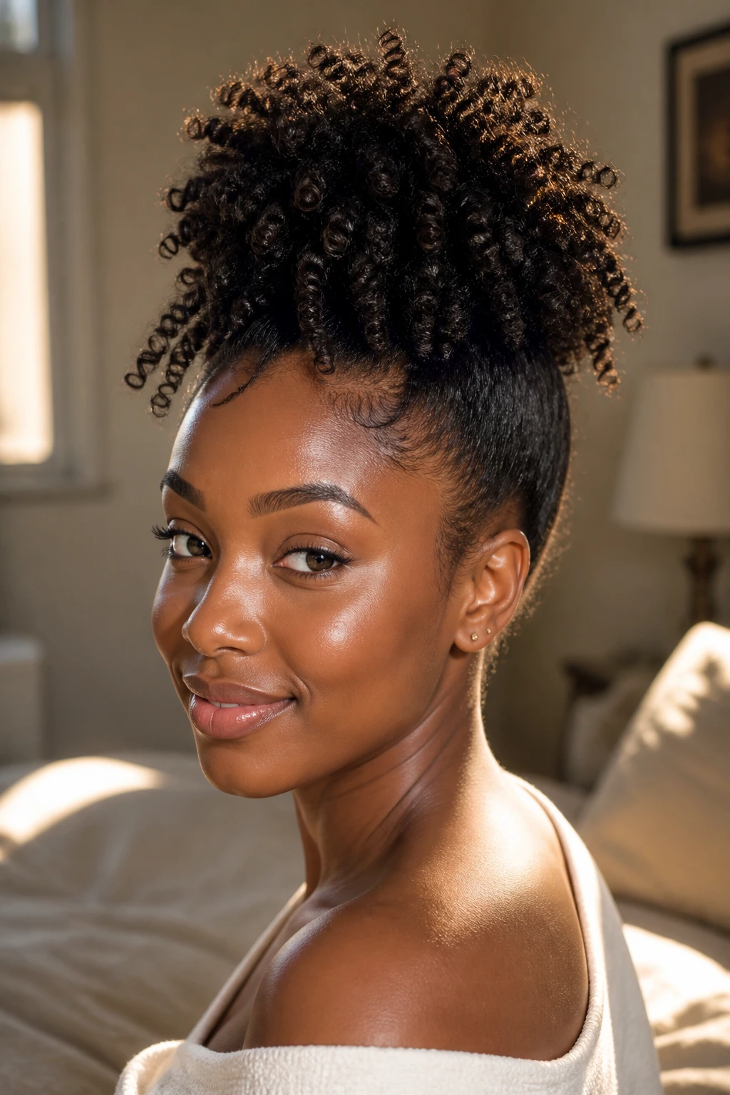 Close-up of a Black woman's crown puff created by coiled hair, lit by natural window light.