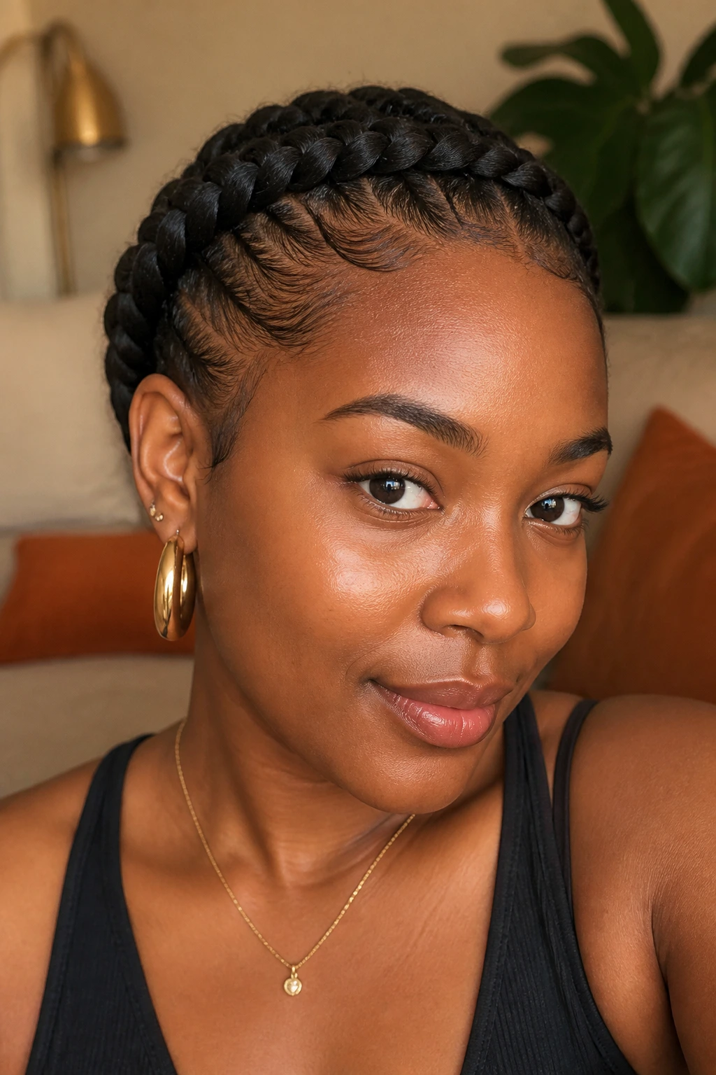 Close-up of a woman wearing crown cornrows around the hairline