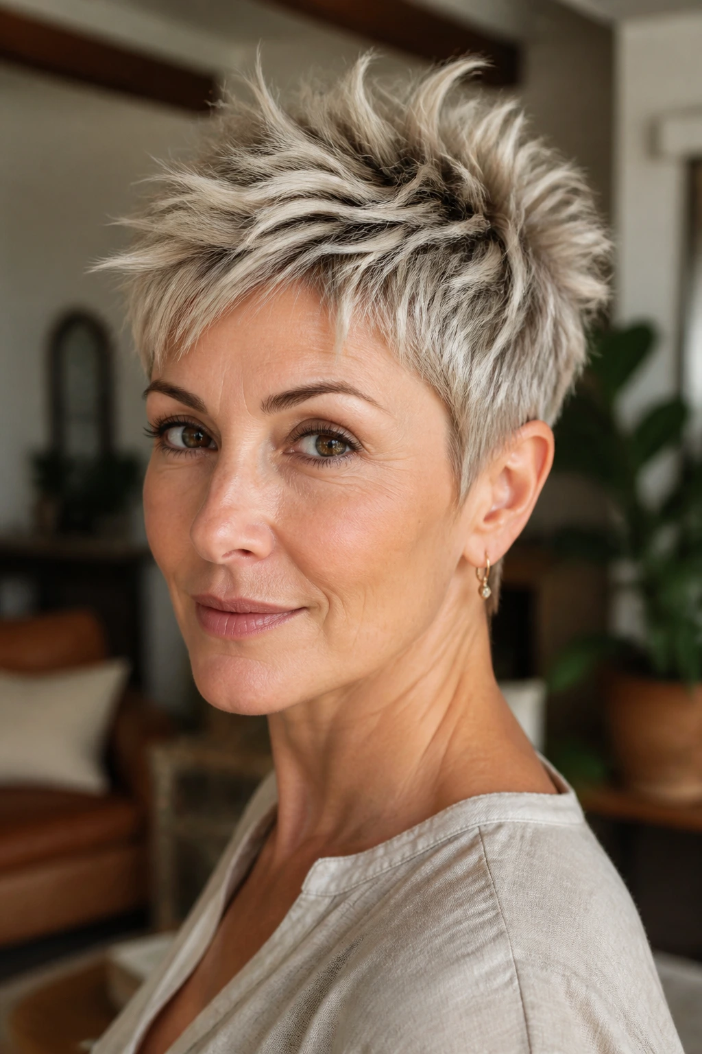 Close-up of a woman with a choppy crown crop hairstyle