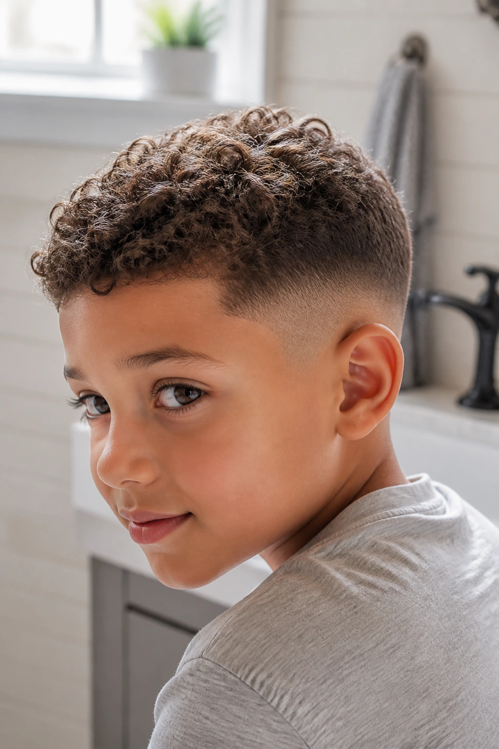 Close-up of a boy with longer crown curls and low fade in a home bathroom