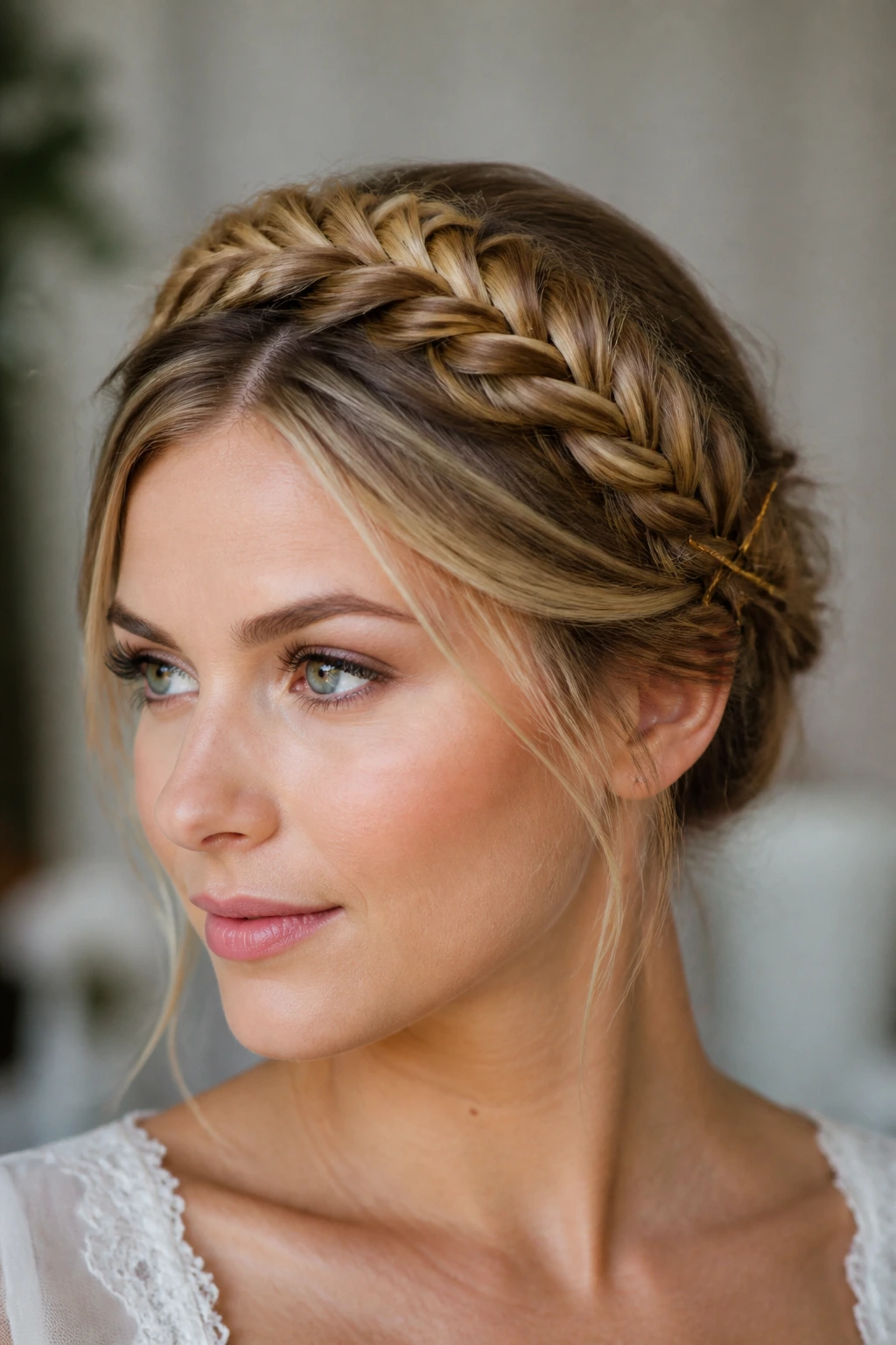 Close-up of a real woman wearing a crown fishtail halo around her head