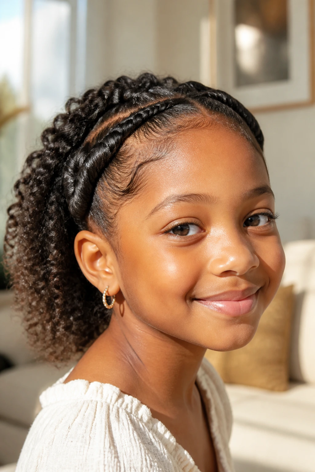 Close-up of a child with a crown of flat twists across the front.