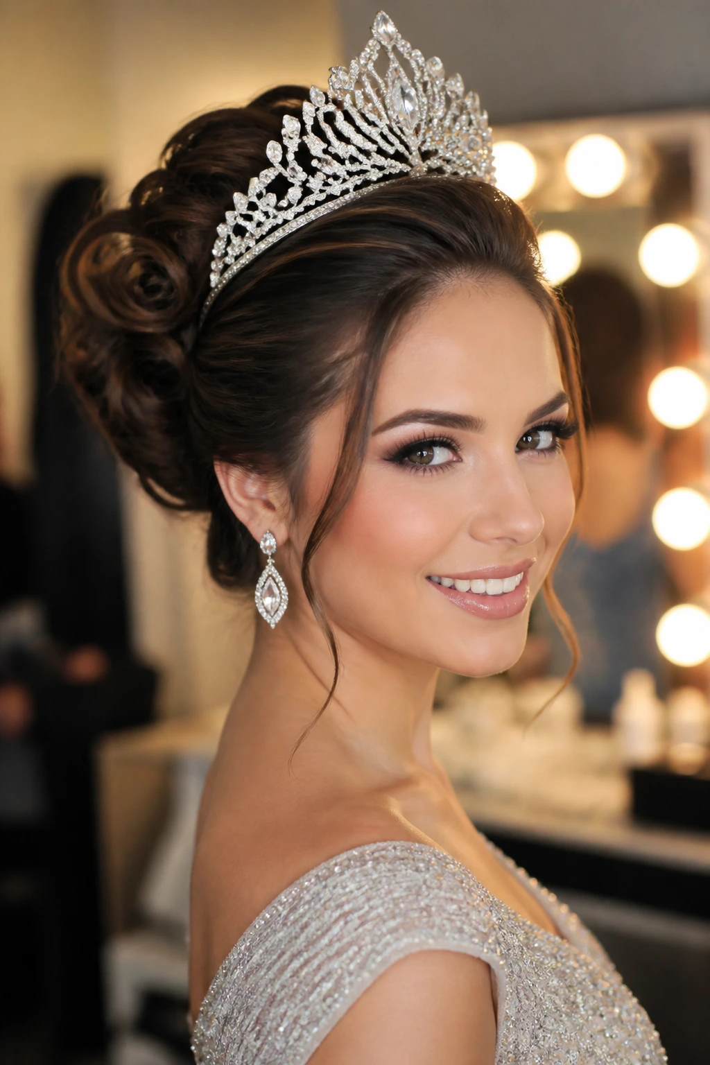 Portrait of a woman with a crown and polished hairstyle against a formal gown