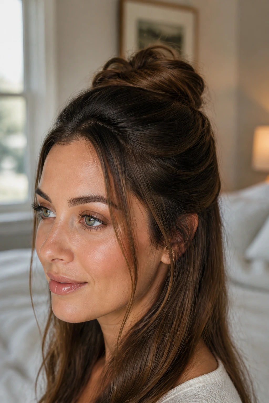 Close-up of real woman's crown half-up bun with hidden anchors